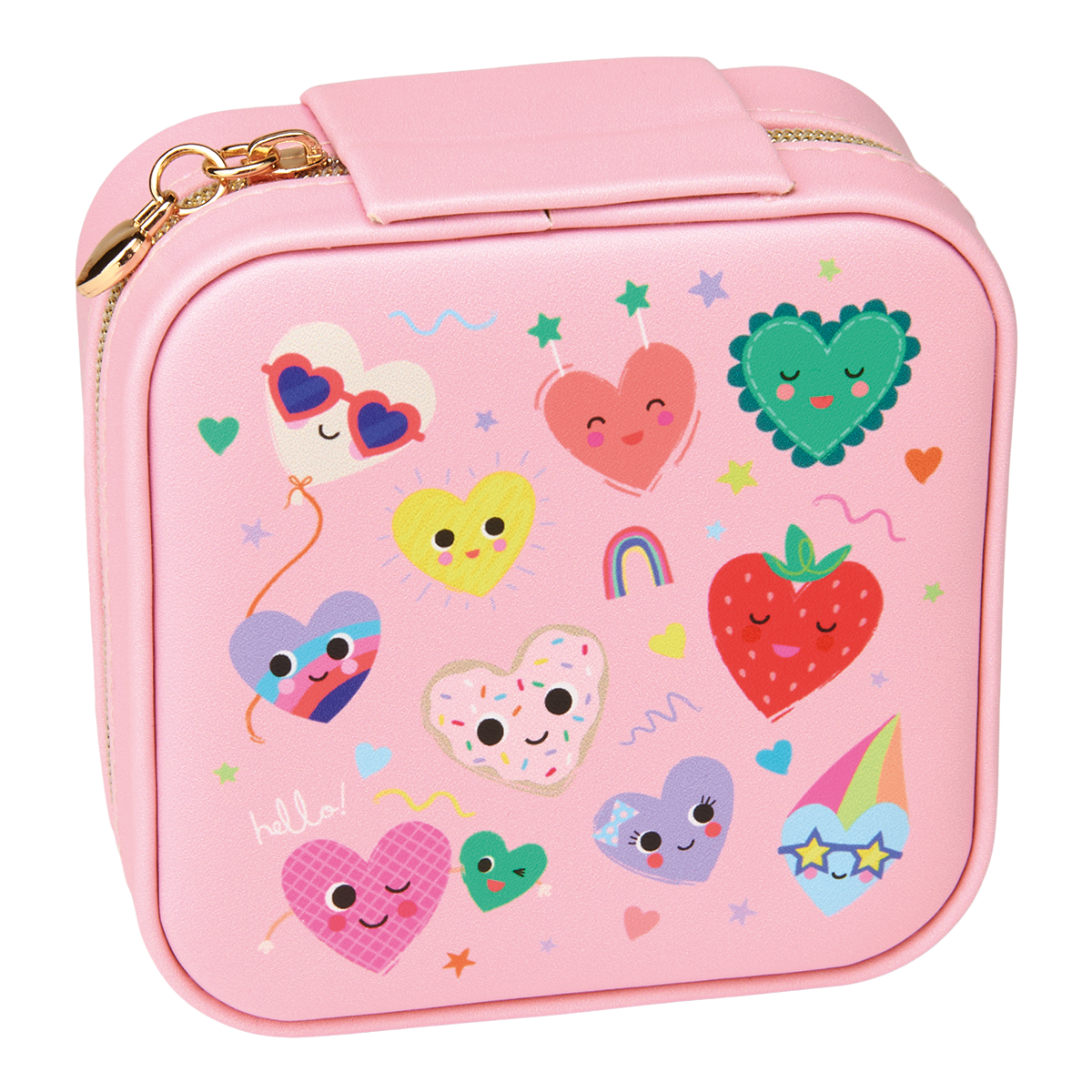 A pink square lunch bag with a top handle and gold zipper, decorated with a playful pattern of cute cartoon hearts, strawberries, stars, and a rainbow on a white background.