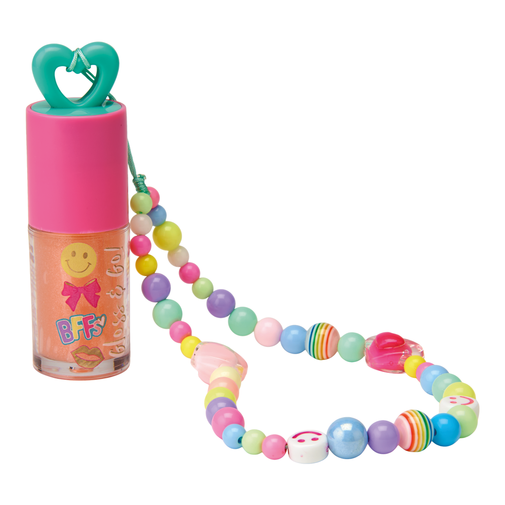 A clear lip gloss bottle with a bright pink cap and a colorful beaded phone strap attached. The bottle has a smiley face label reading 'BFF' and 'Blush & Fun.