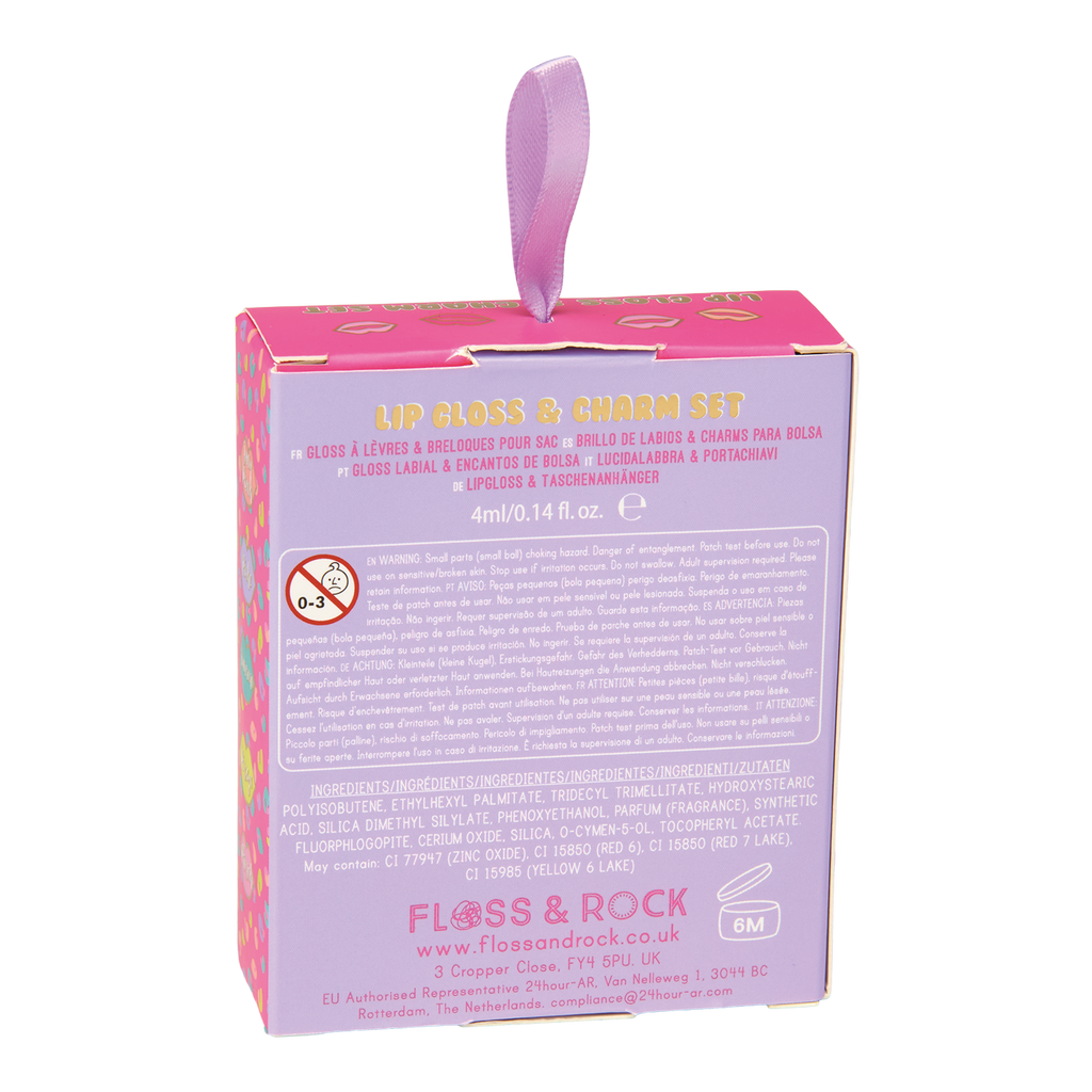 Lip gloss and scrub set packaging with pink lid on a white background