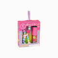 A children's lip gloss and bead accessory set in a pink retail box with a hanging loop, photographed on a plain white background.