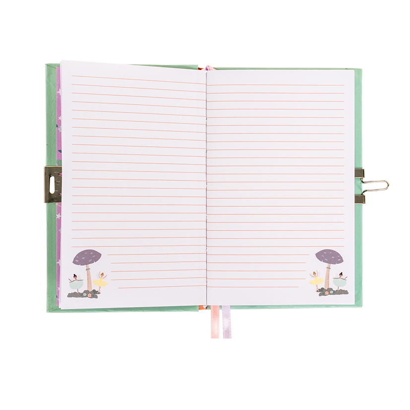 Open notebook with lined pages and decorative elements on a white background