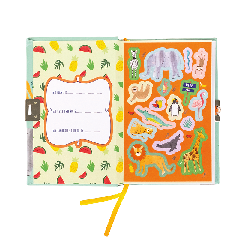 An open children's activity book or sticker journal with two illustrated pages. The left page has a pastel tropical print with watermelon, pineapple, and banana motifs, plus a white writing panel with the text 'MY NAME IS.