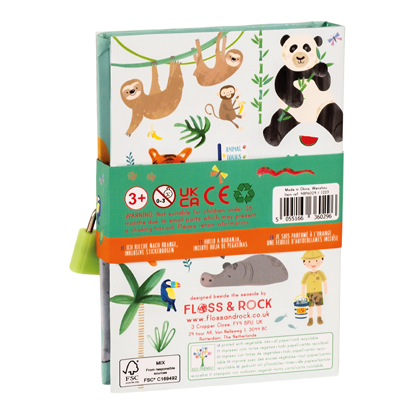 A children's sensory box by Floss & Rock featuring animal illustrations including a panda, sloth, monkey, parrot, and hippo, with a green drawstring and product information text on the front.