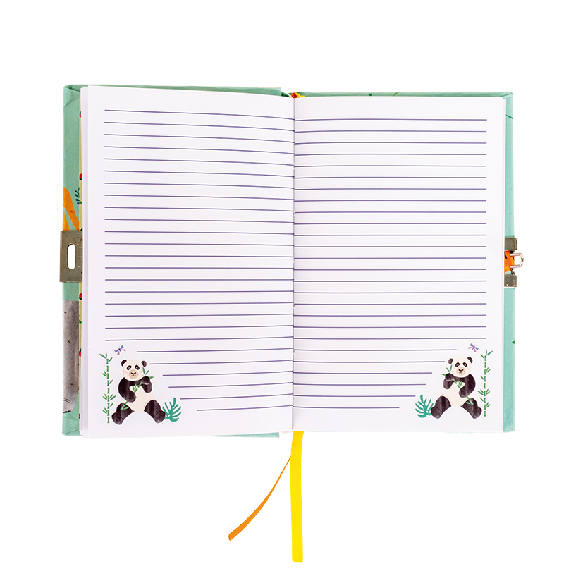 An open lined notebook with a mint green cover, featuring cute panda illustrations at the bottom of both pages and a yellow ribbon bookmark.