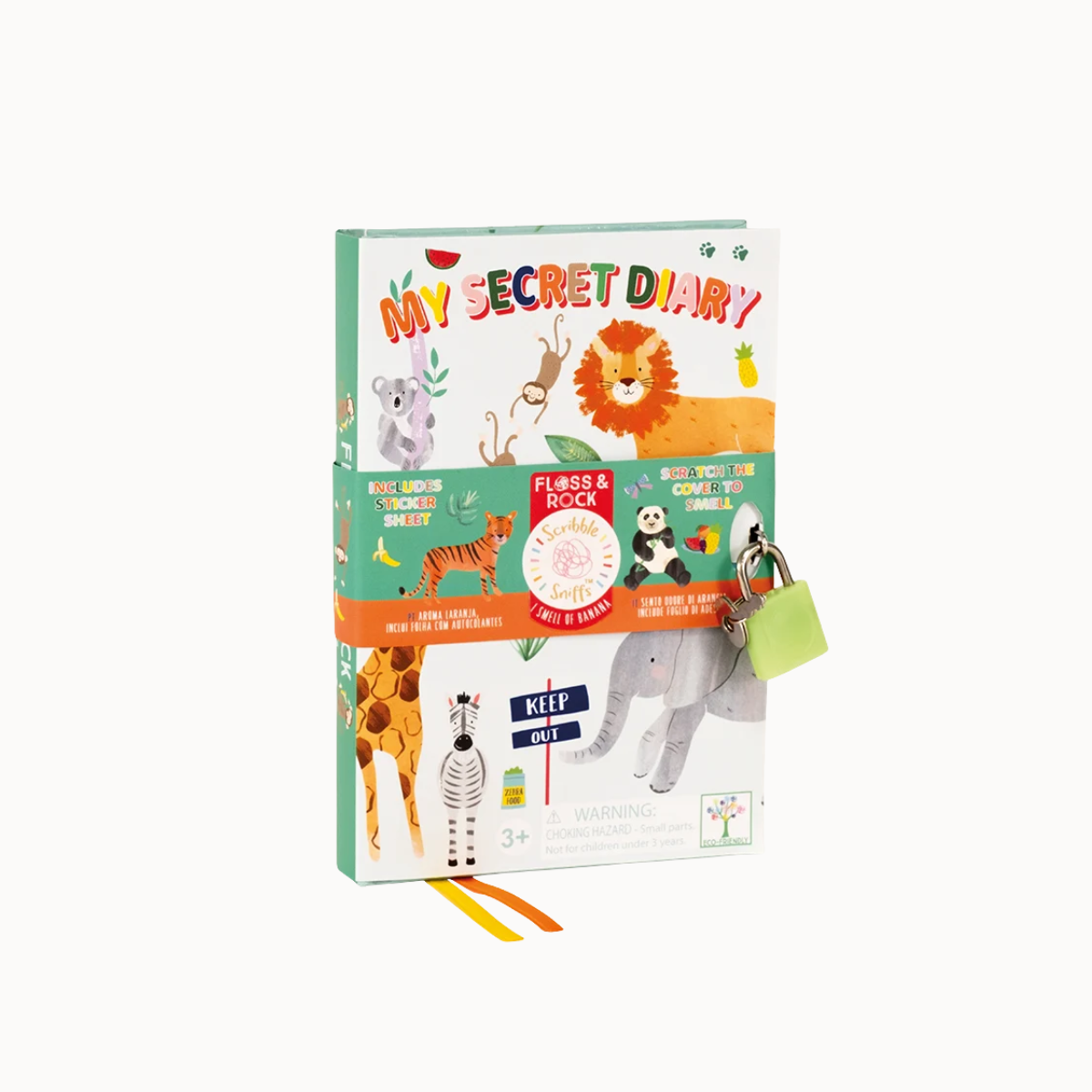 A children's activity book titled 'My Secret Diary' featuring colorful safari animal illustrations, a green hanging lock, and ribbon bookmarks, photographed on a clean white background.