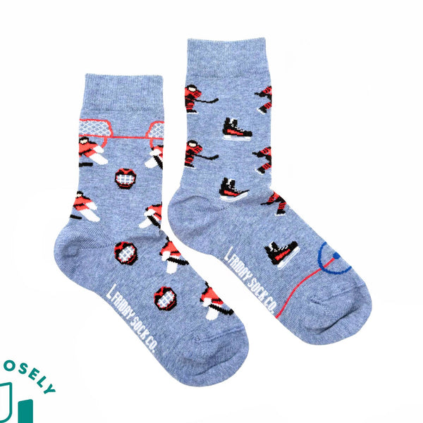 Blue socks with hockey-themed design on a white background