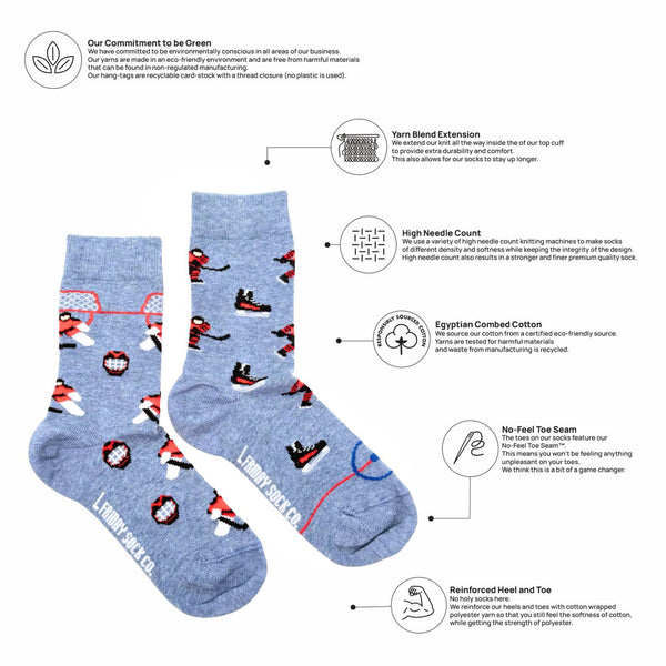 Blue socks with hockey player design on a white background with greenery, featuring text about sustainability.