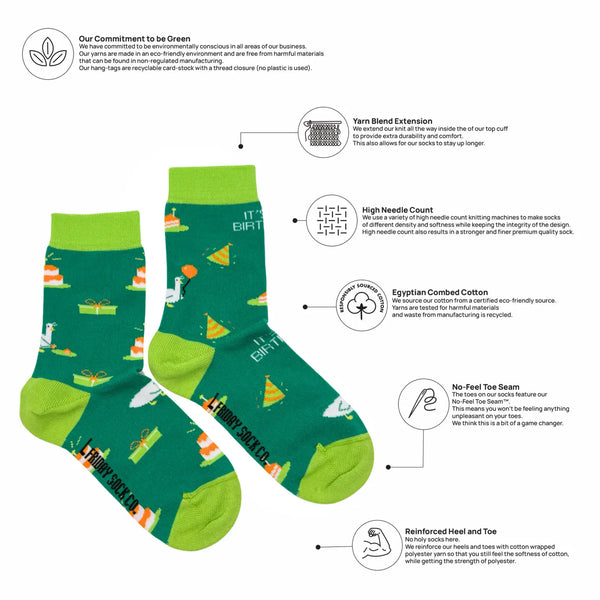 Green socks with a pattern on a white background, featuring text about sustainability and sock features.