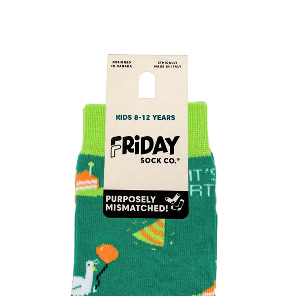 Green socks with dinosaur pattern in packaging labeled 'Friday Sock Co.'