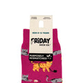 Packaged pink socks with animal designs on a white background, featuring Friday Sock Co branding.