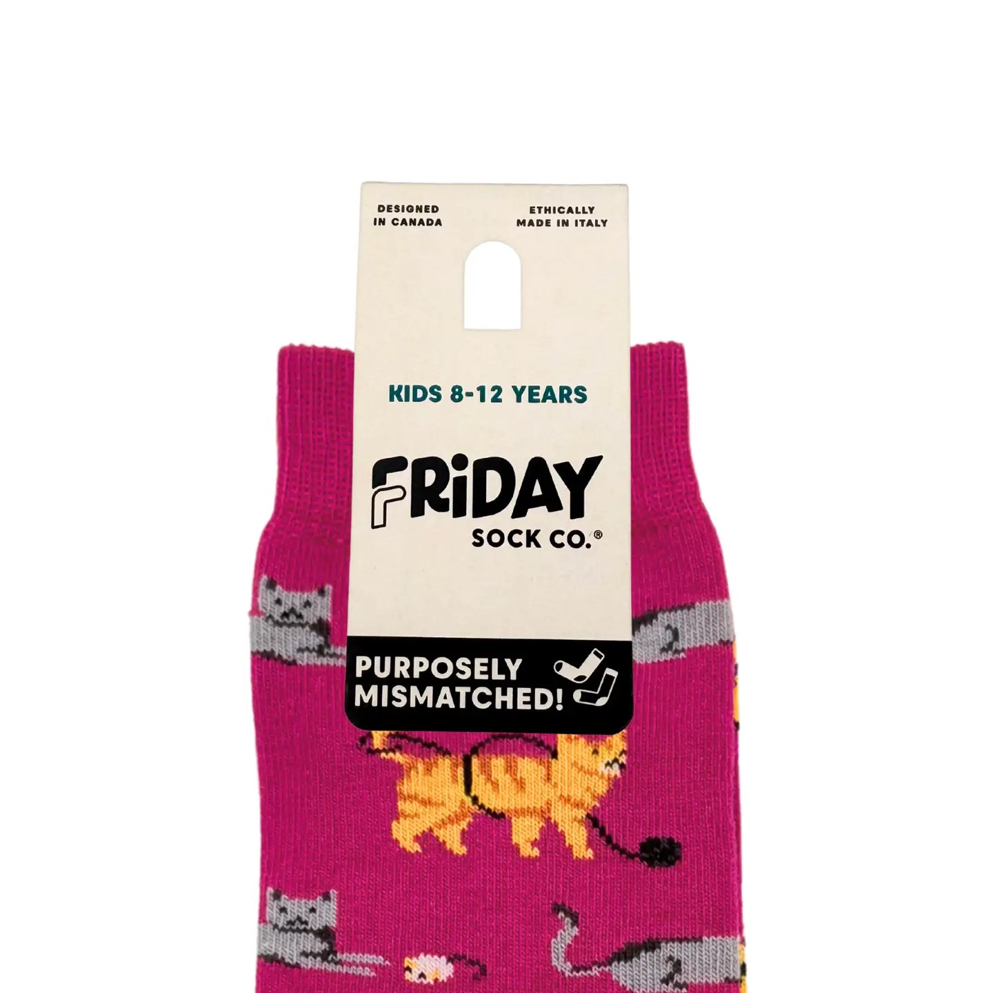 Packaged pink socks with animal designs on a white background, featuring Friday Sock Co branding.