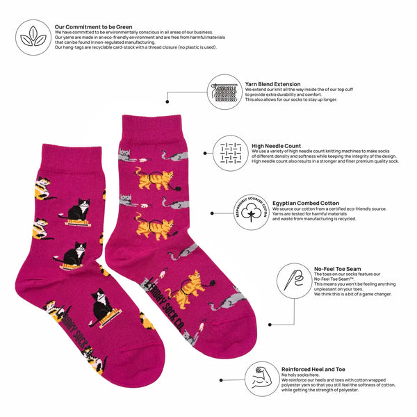 Pink socks with animal patterns on a white background with greenery, featuring text about sustainability and sock features.