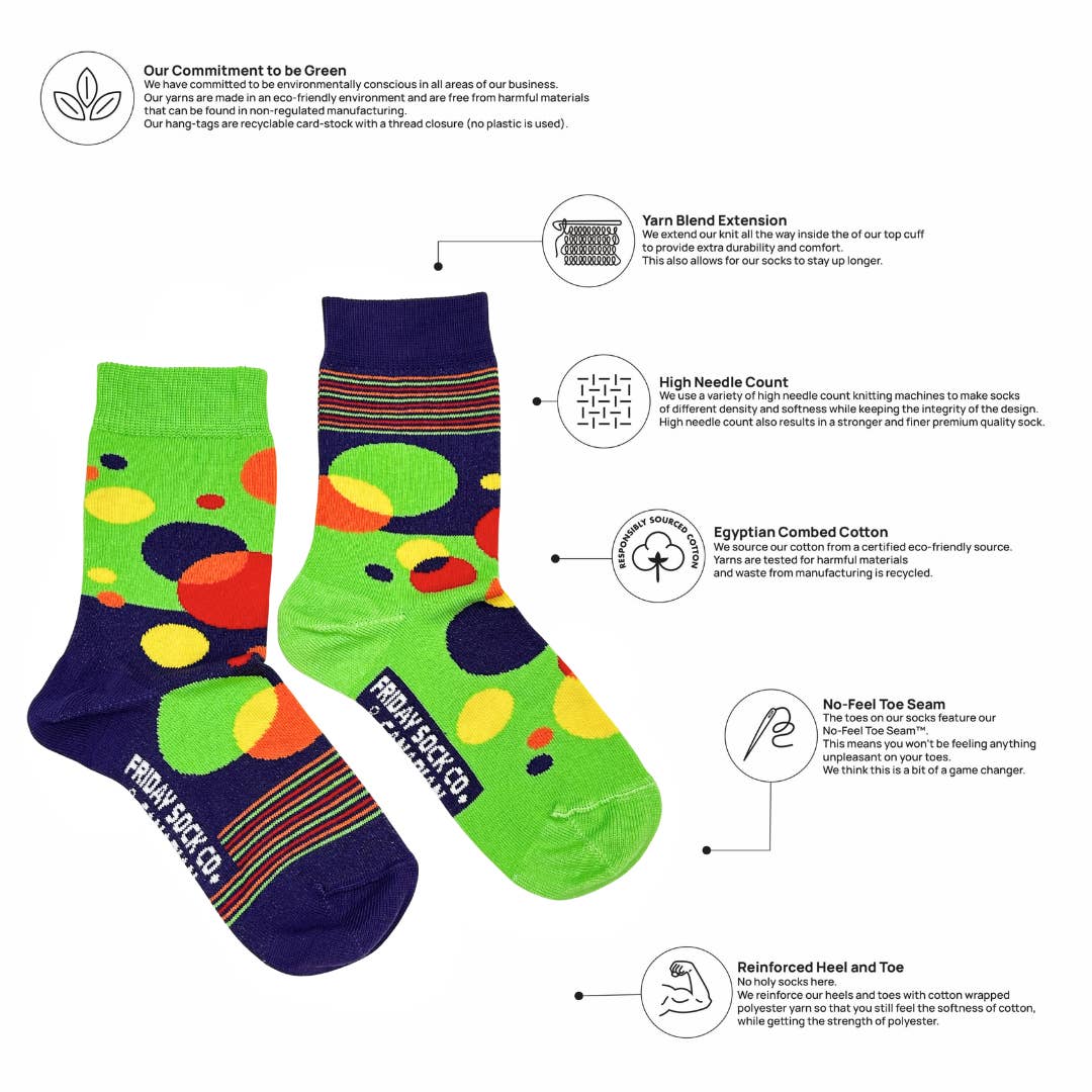 Colorful socks with text detailing features on a white background