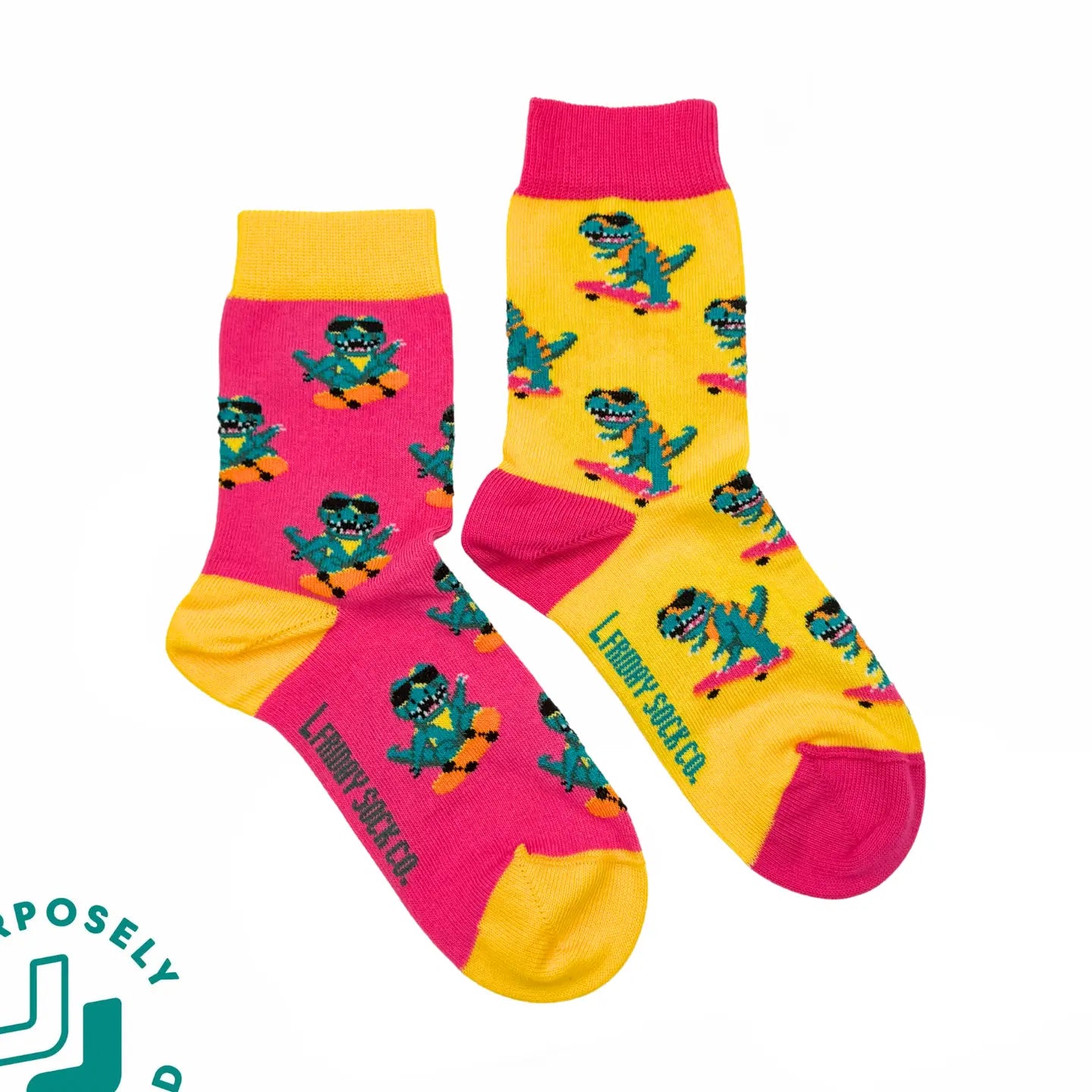 Colorful socks with cartoon character design on a white background