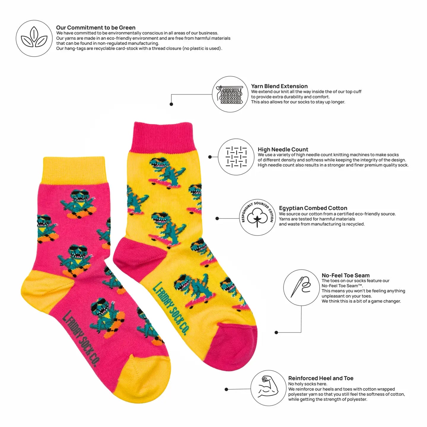 Colorful socks with dinosaur pattern on a white background with greenery and text about sustainability.