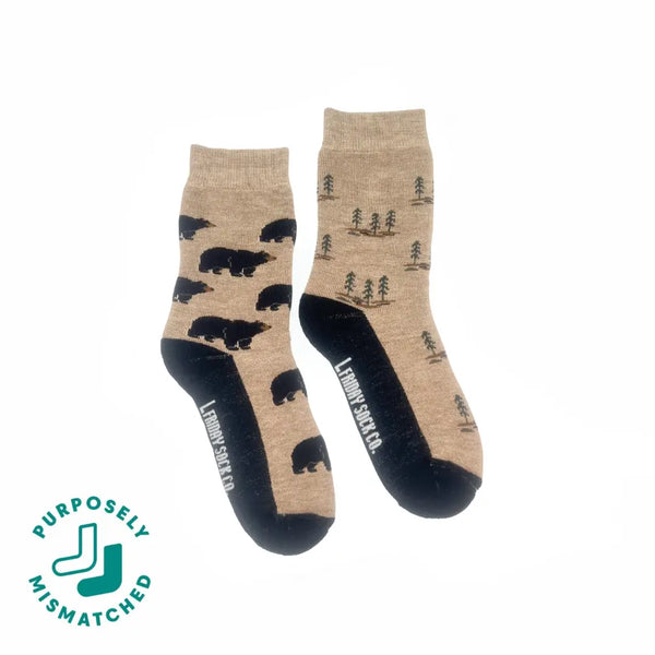 Pair of socks with bear and tree patterns on a white background, featuring the brand 'Levi's'.