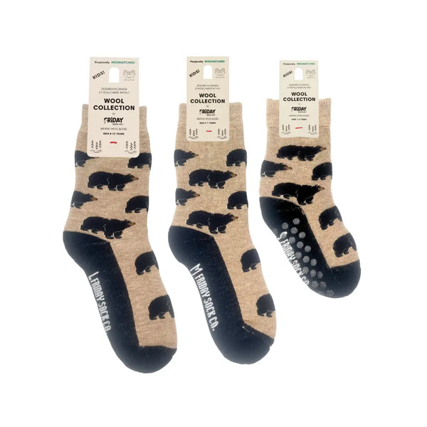 Three pairs of socks with bear pattern packaging on a white background