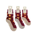Three pairs of maroon socks with mushroom pattern on a white background