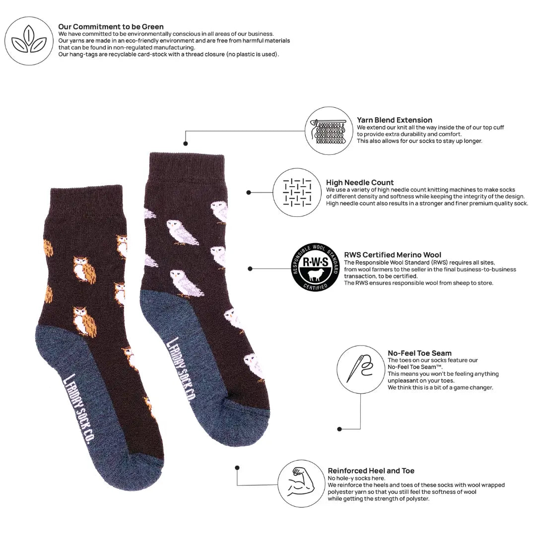 Pair of socks with owl pattern and Lumberjack branding, featuring environmental commitment text and graphics.