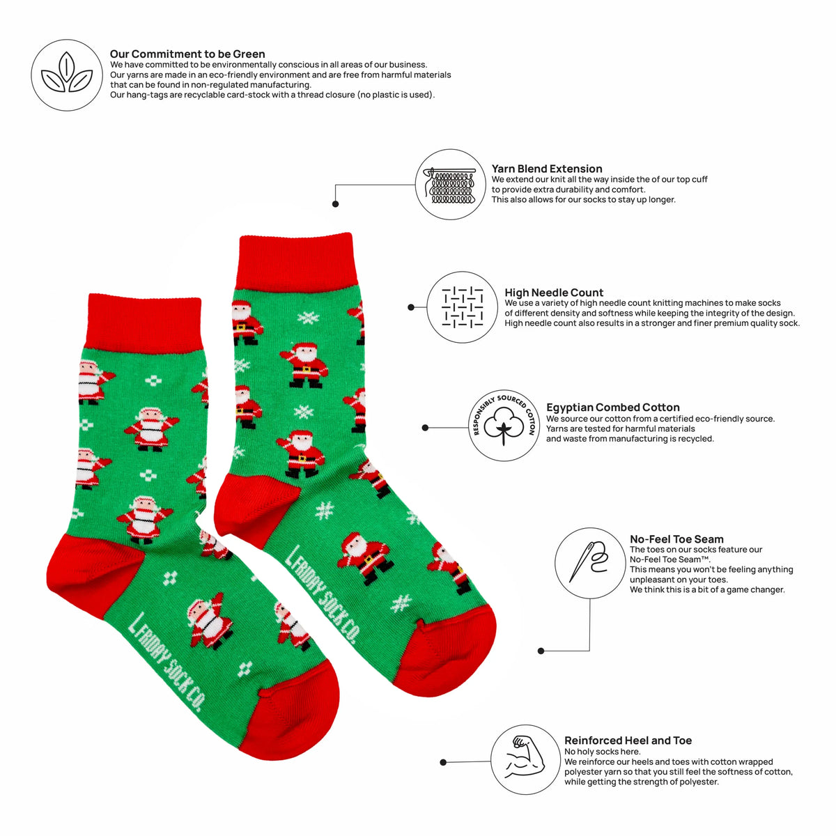 A pair of Christmas-themed crew socks displayed on a white background with informational callout text and icons around them. The socks are green with red cuffs and heels, decorated with white snowflakes and small Santa Claus illustrations.