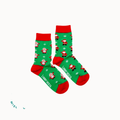 A pair of Christmas-themed crew socks displayed on a white background 