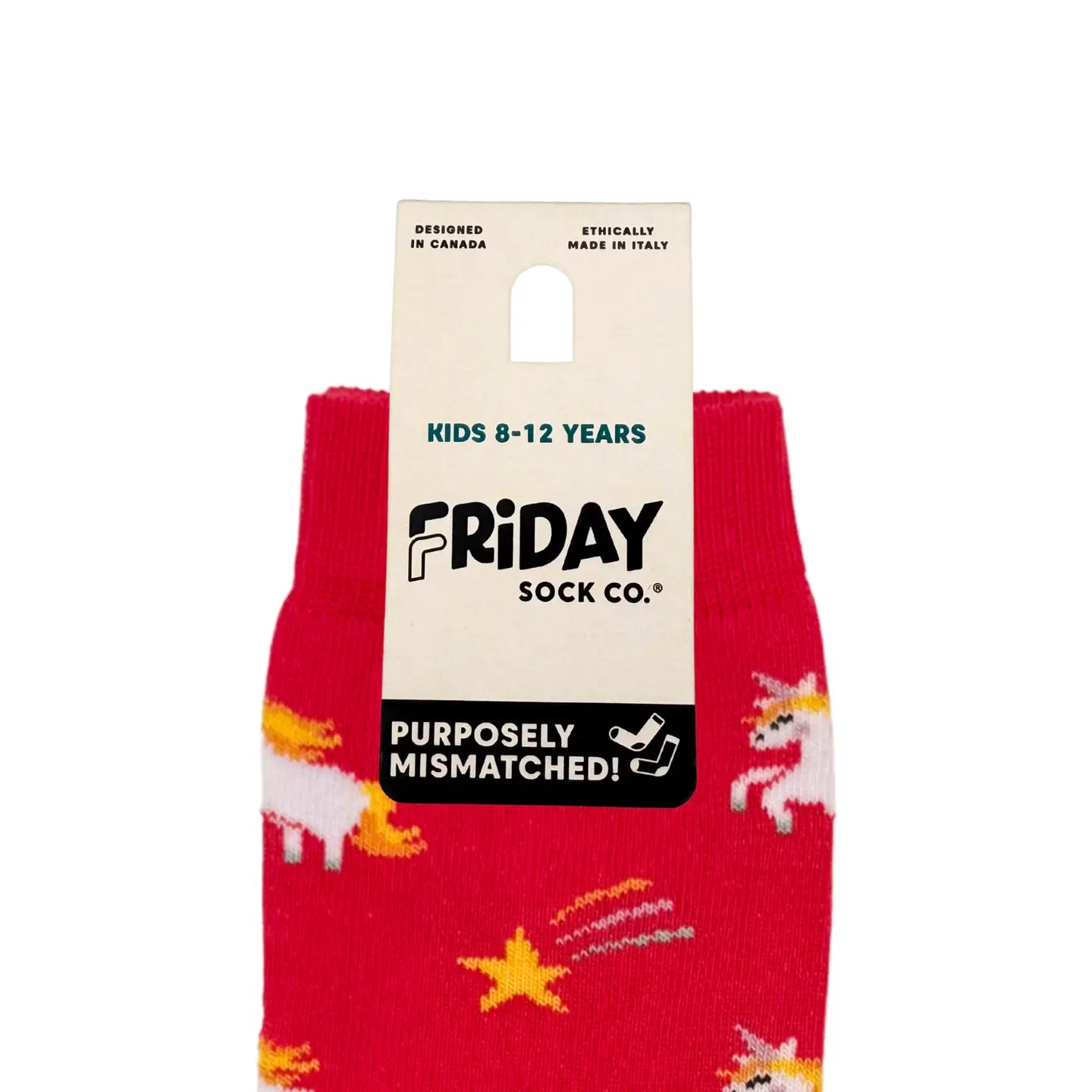 Red socks with unicorn design and 'Friday Sock Co.' packaging on a white background