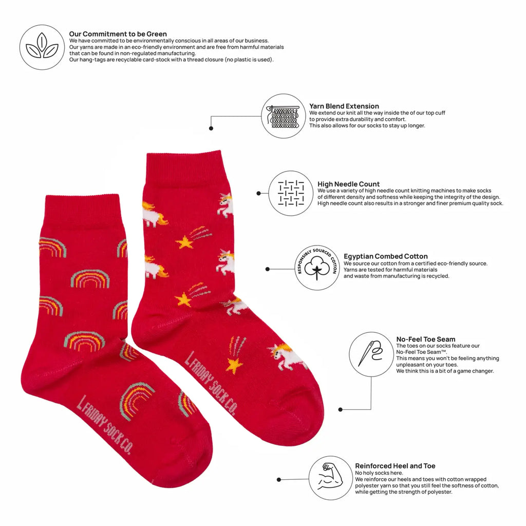 Red socks with unicorn and rainbow pattern on a white background with greenery, featuring text about sustainability.