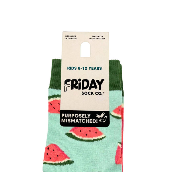 Packaged socks with watermelon pattern and 'Friday Sock Co.' branding on a white background