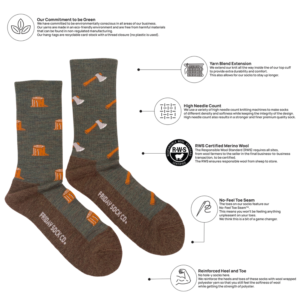 Pair of socks with branding and text about sustainability on a white background