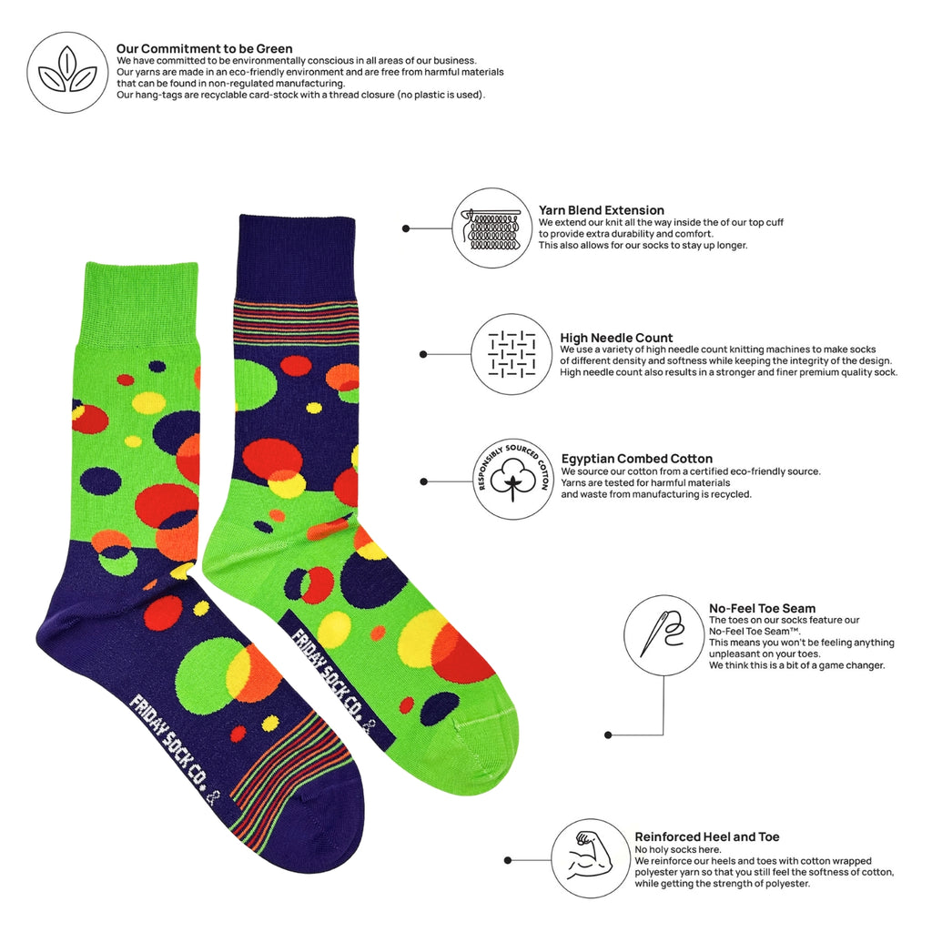 Colorful socks with text explaining sustainability practices on a white background