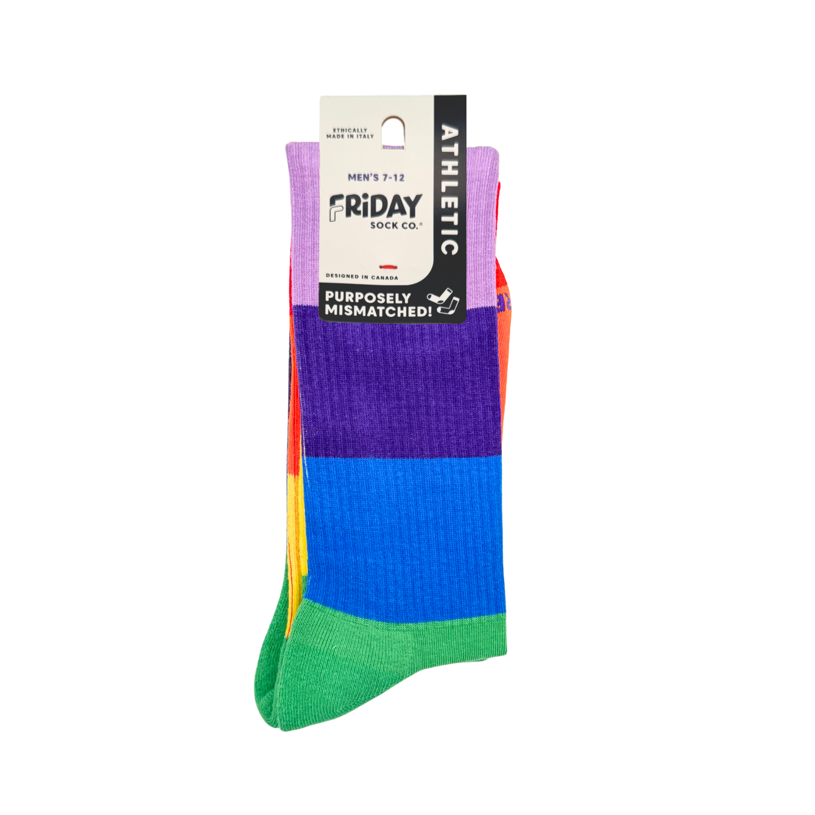 A pack of five ribbed athletic crew socks from Friday Sock Co. featuring bold horizontal color-blocked stripes in purple, blue, green, orange, yellow, and light purple, with a white and black hangtag.