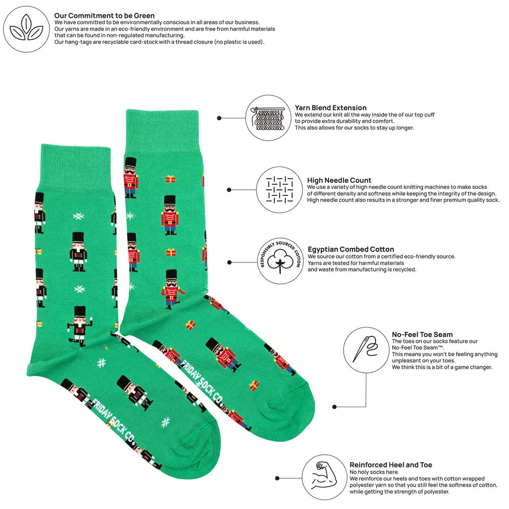 A pair of green crew socks with a holiday nutcracker pattern, shown on a white background with informational callouts and text about the product's materials and design.