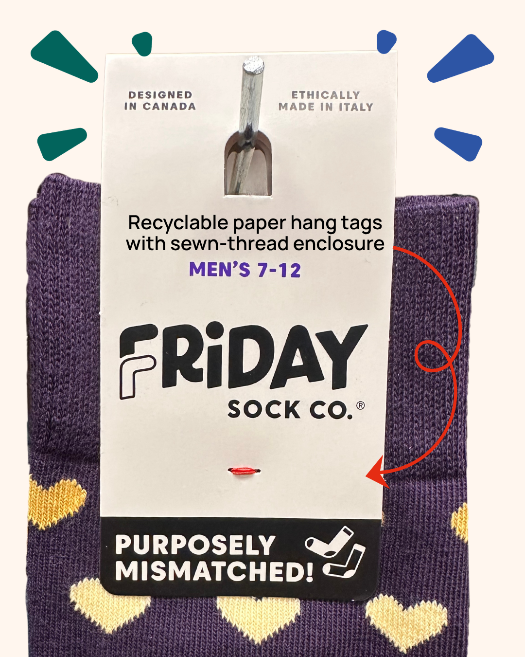 Purple socks with yellow hearts and a Friday Sock Co. label on a white background