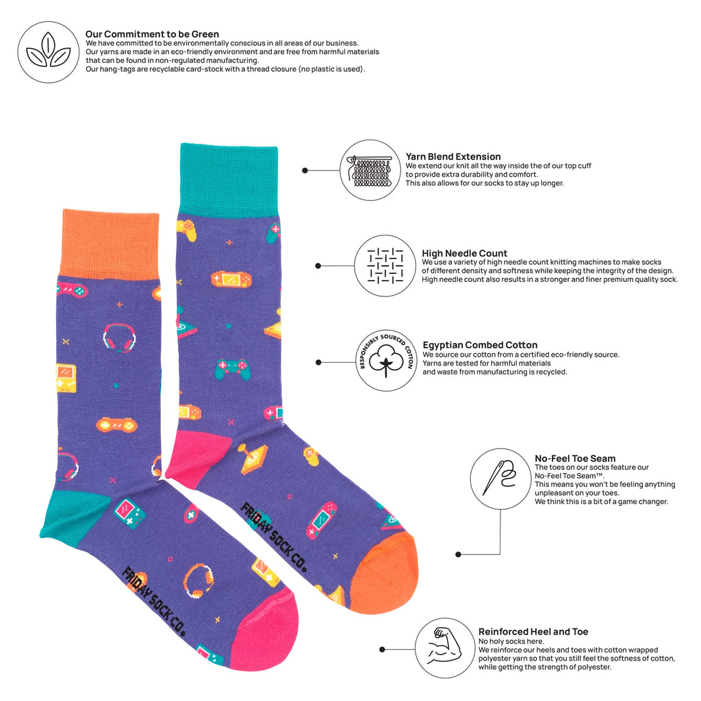 Colorful socks with a pattern on a white background, featuring text about sustainability and sock features.