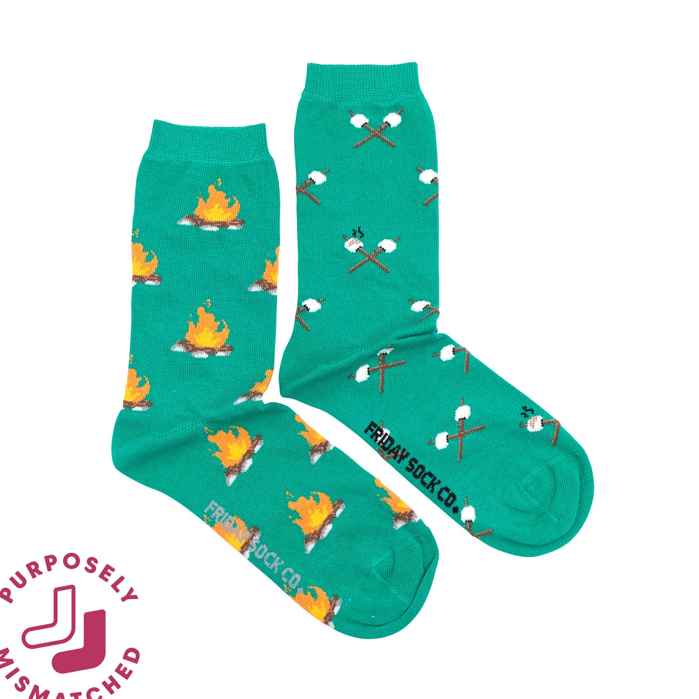 Two green socks with campfire and marshmallow patterns on a white background, featuring the brand 'Fridays Sock Co.'