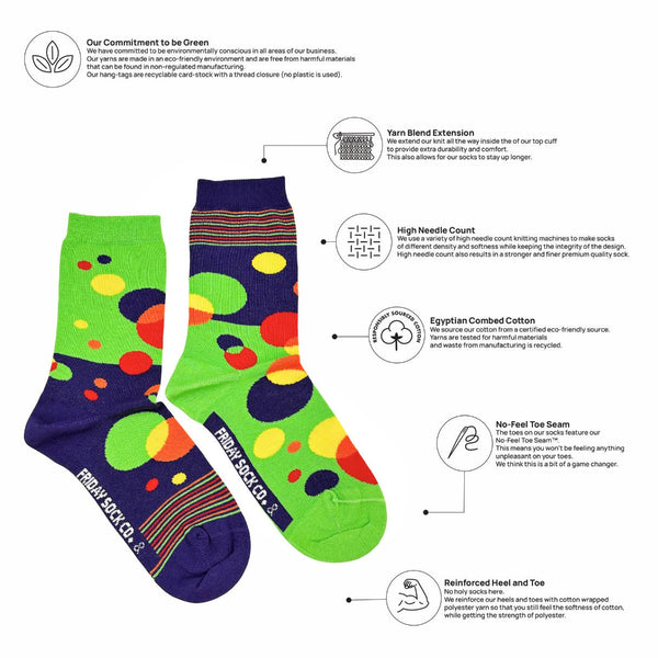 Colorful socks with text detailing sustainability features on a white background