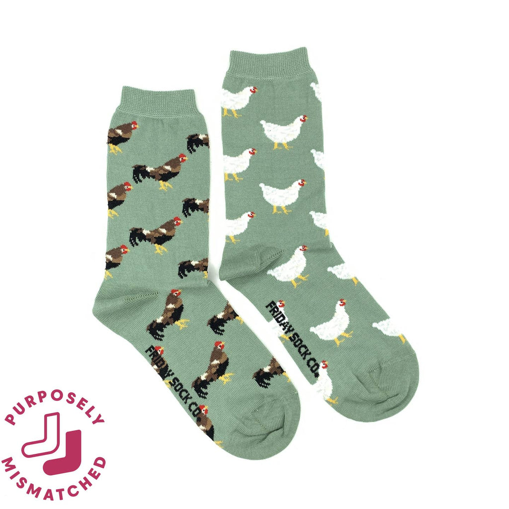 Two pairs of socks with chicken patterns on a white background, branded 'Purposely Mismatched'.