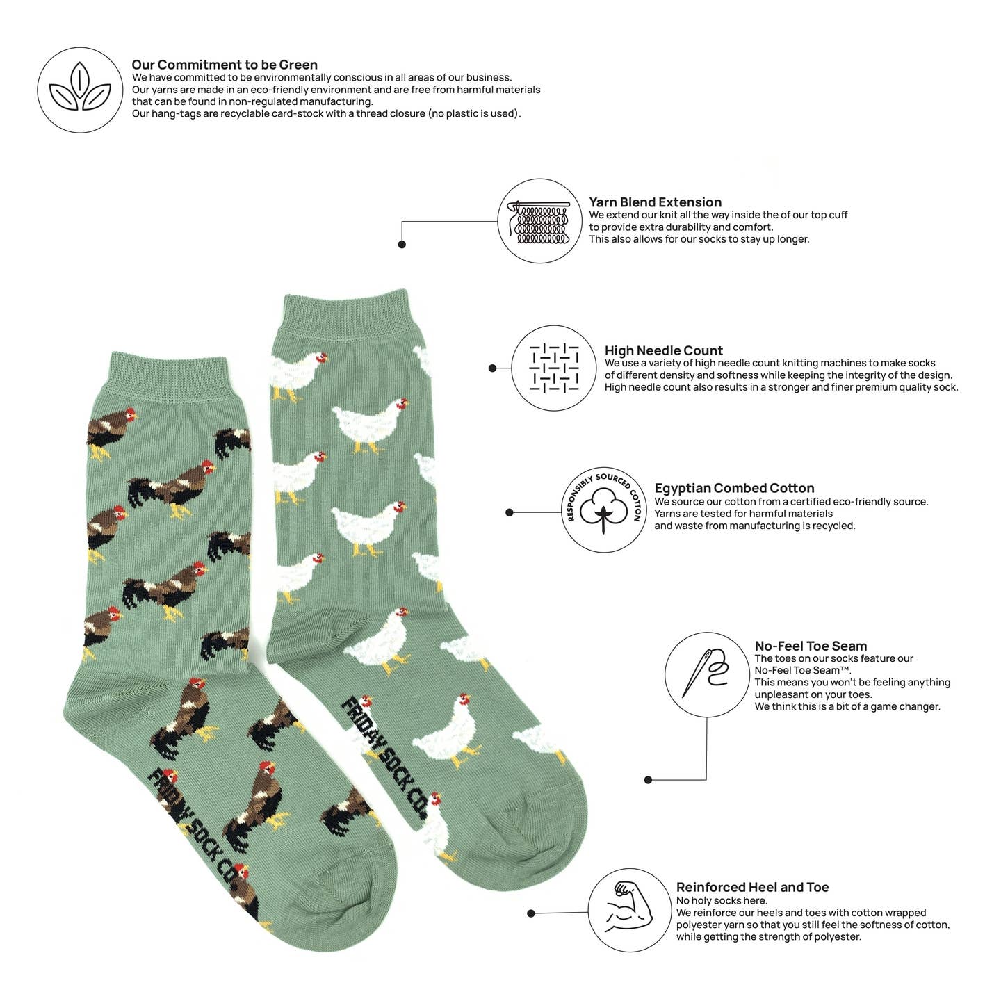 Green socks with chicken pattern and sustainability information on a white background