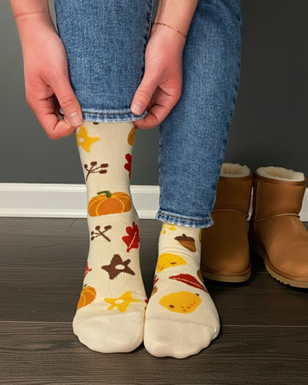 A person wearing blue jeans is shown from the knees down, pulling up one sock to reveal a cream-colored sock with an autumn pattern of pumpkins, leaves, stars, and a duck. A pair of tan boots sits on the floor in the background.