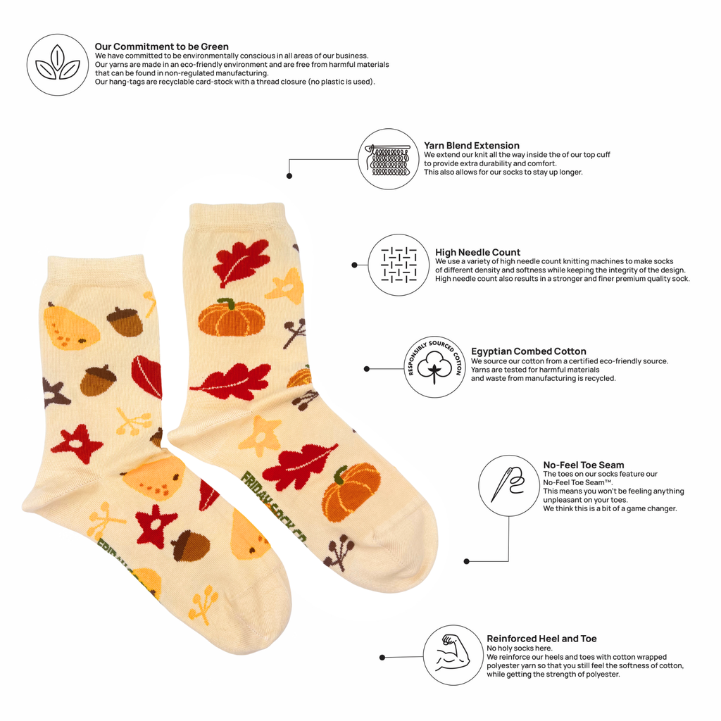 A pair of cream-colored children's socks with an autumn leaf and pumpkin pattern, shown on a white background with informational text callouts about product features.