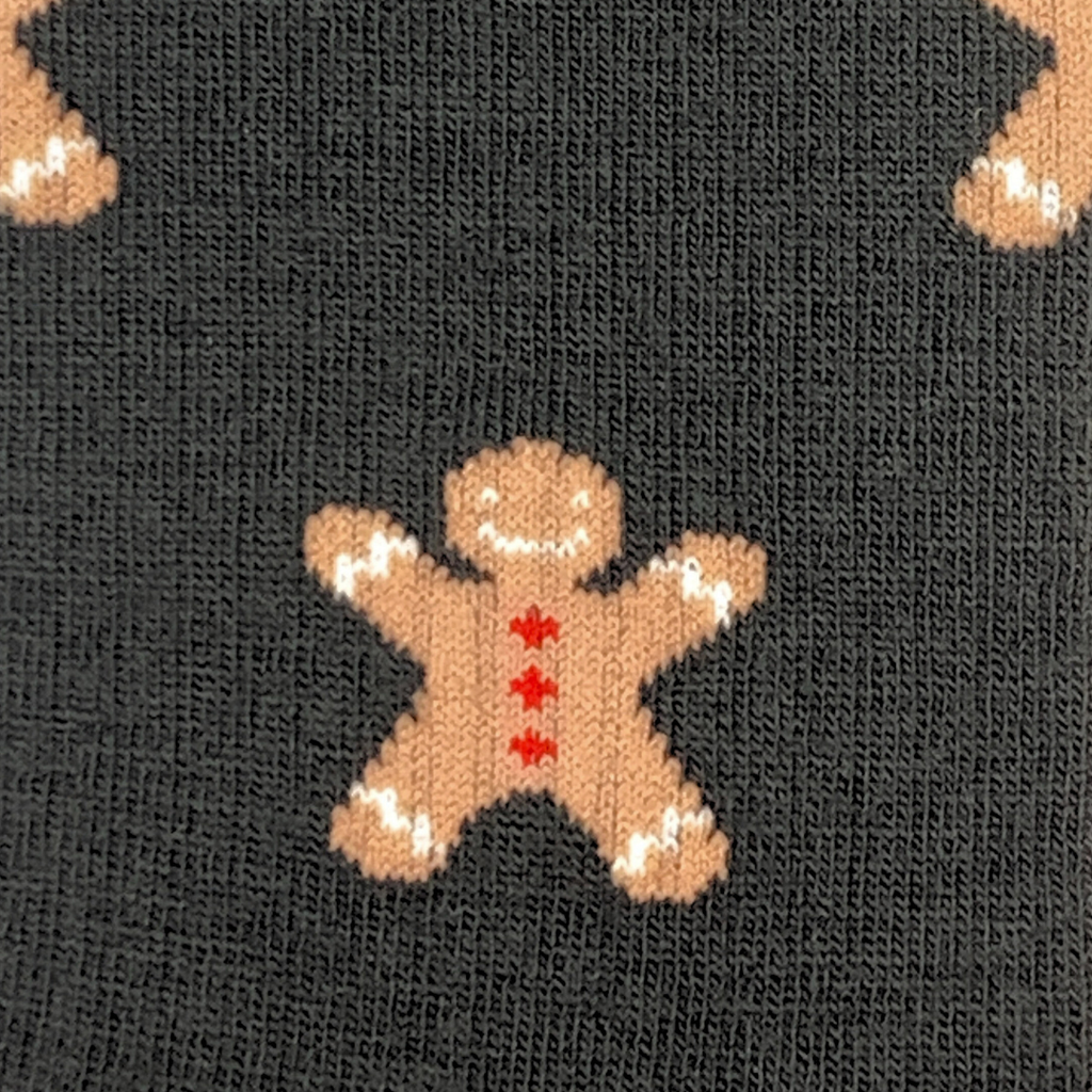 Close-up of a knitted textile pattern featuring gingerbread men motifs on a dark charcoal background.