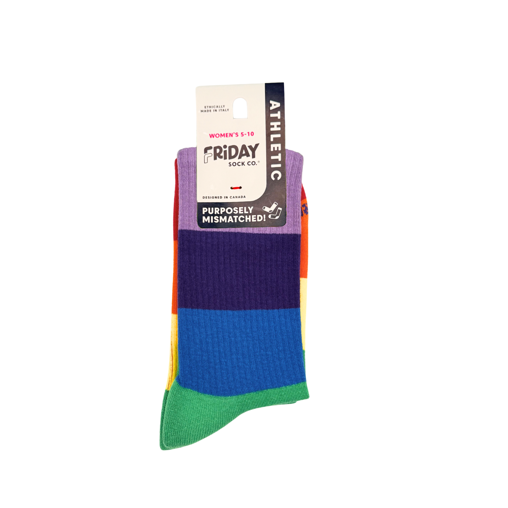 Colorful socks with a 'Friday' brand tag on a white background