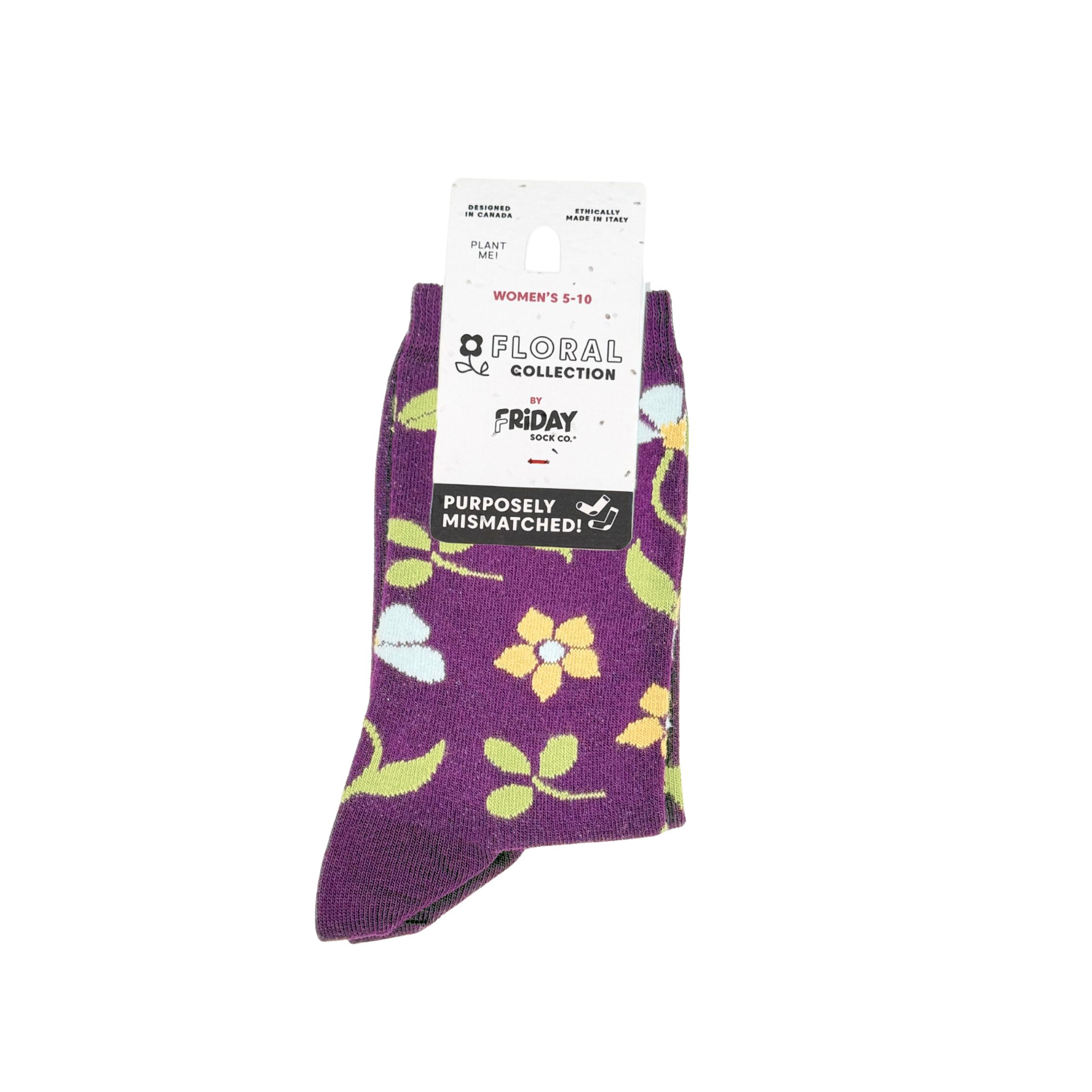 Purple floral-patterned socks with a label on a white background