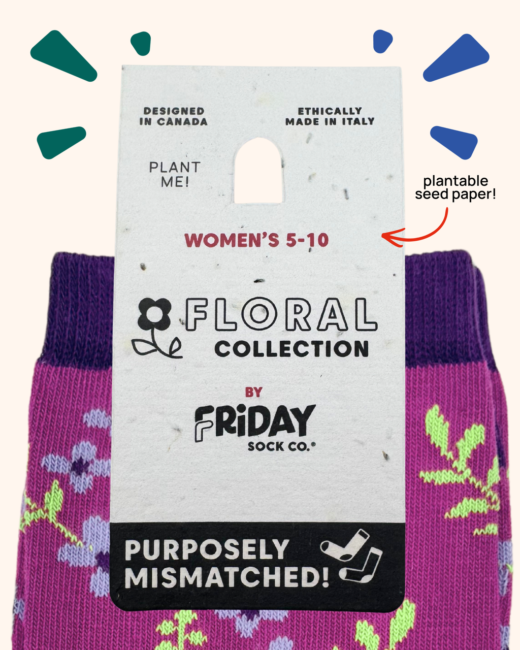 Purple floral socks with a plantable seed paper label from Friday Sock Co.