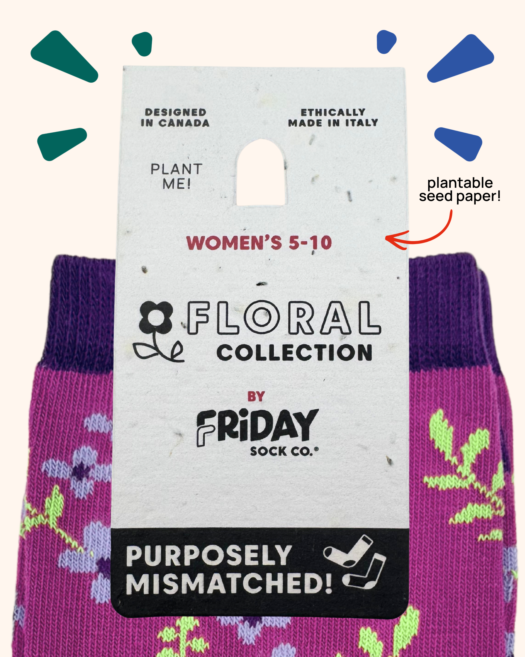 Purple floral socks with a plantable seed paper label from Friday Sock Co.