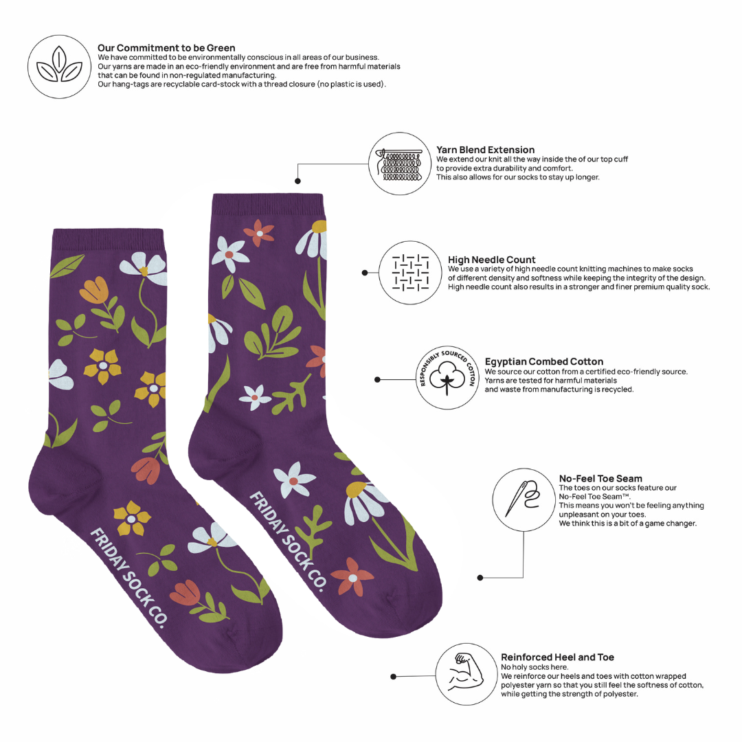 Purple socks with floral pattern and Friday Sock Co branding, featuring sustainability information.