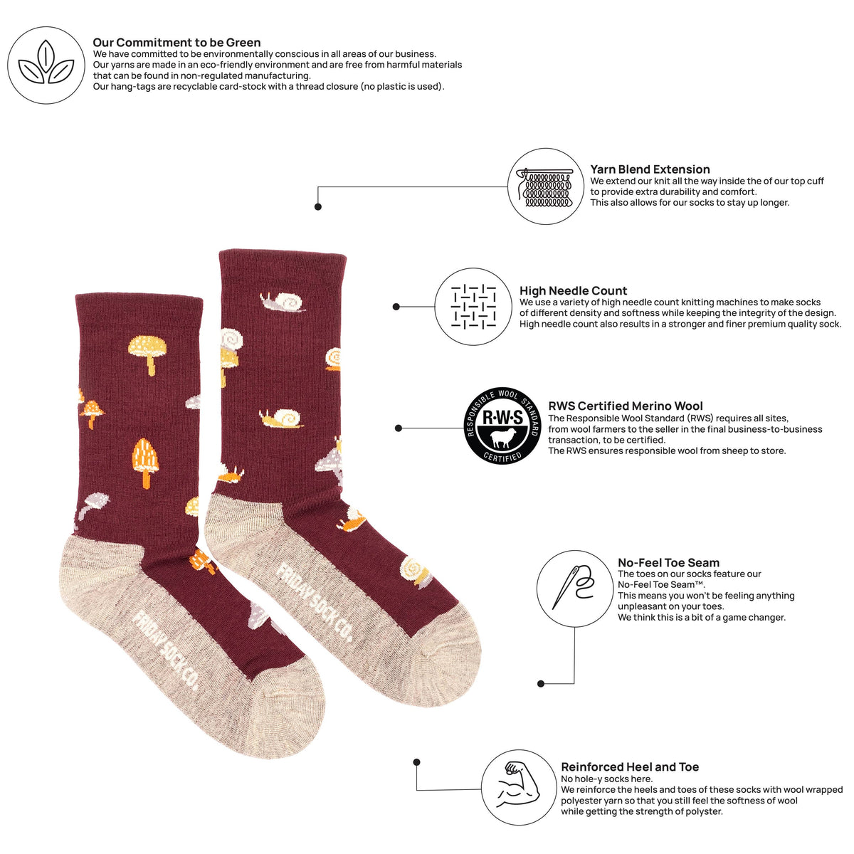 Maroon socks with nature-themed design and certification logos on a white background
