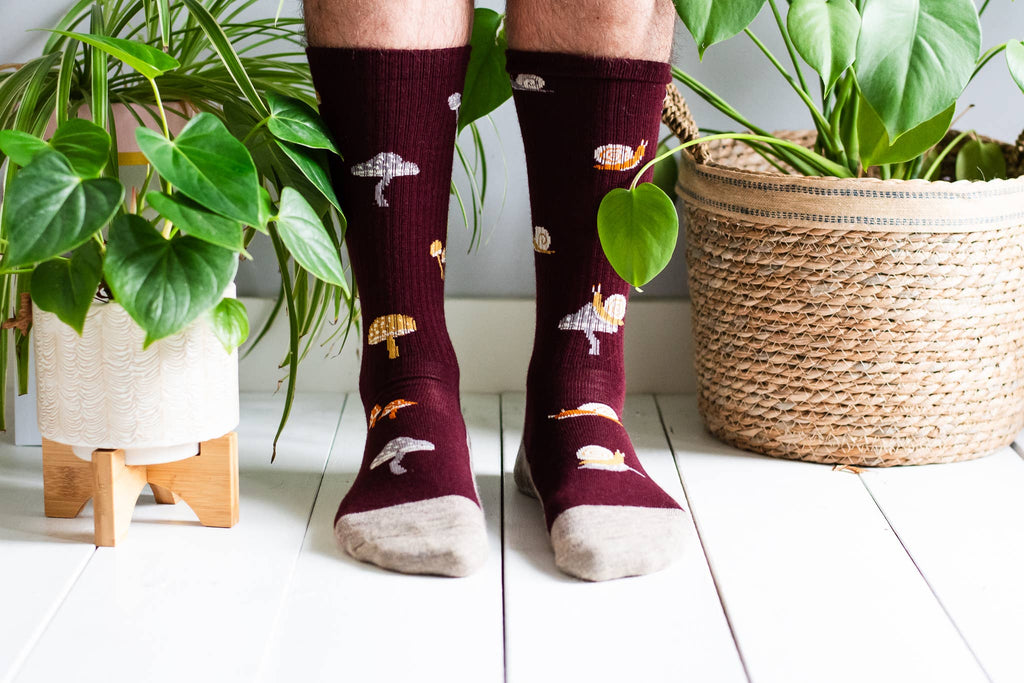 A person wearing burgundy crew socks with a whimsical mushroom and frog pattern, standing on a white wooden floor between two potted green plants.
