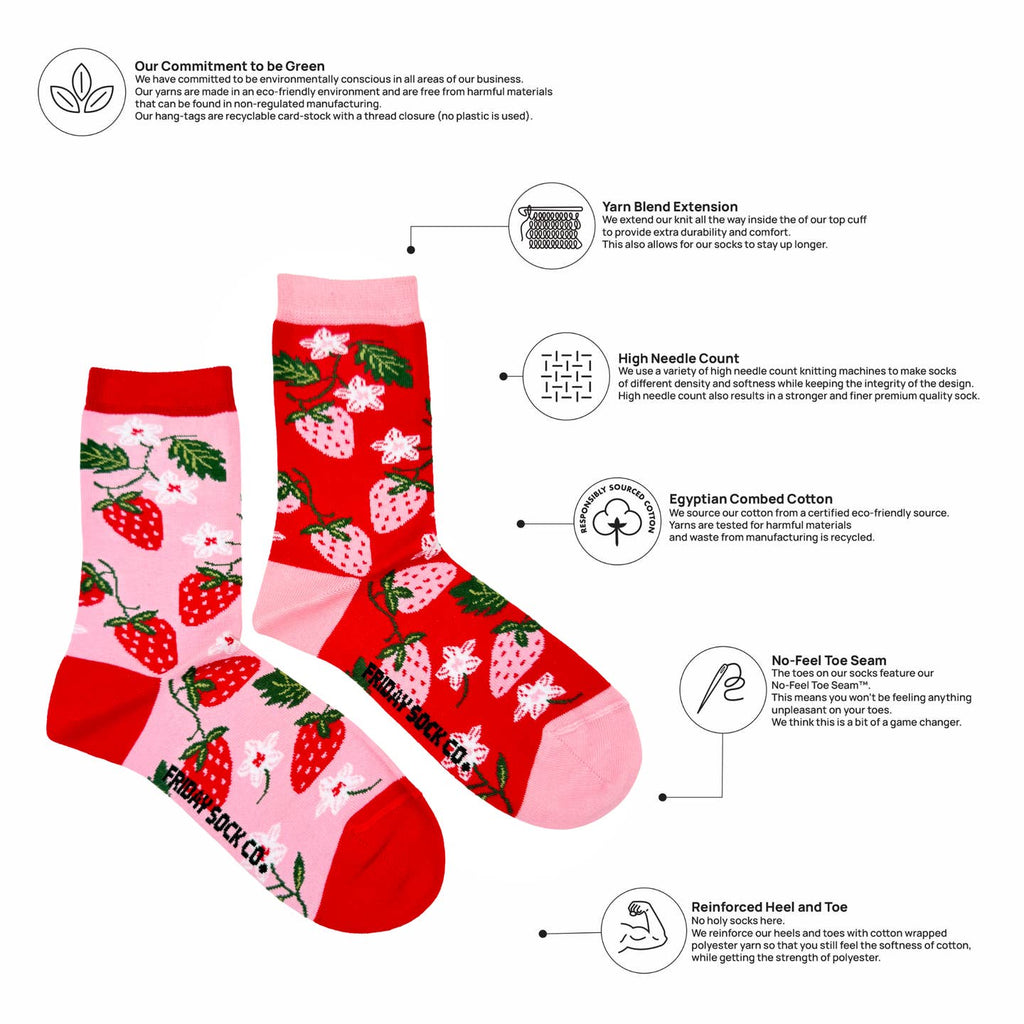 Red socks with strawberry pattern and green leaves on a white background with text about sustainability.