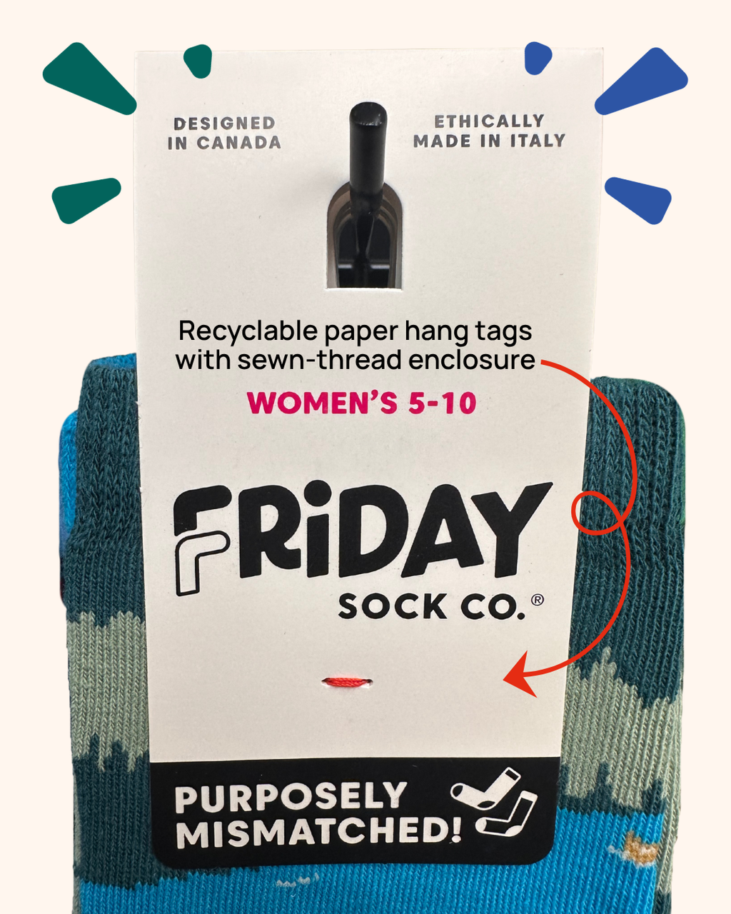 Packaging of Friday Sock Co. socks with recyclable paper hang tag and sock details.